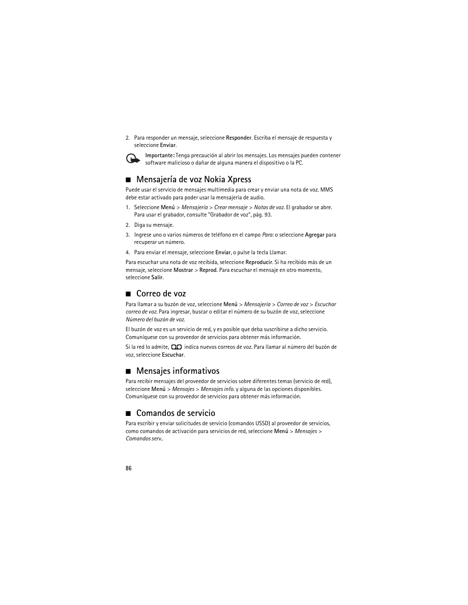 Mensajería de voz nokia xpress, Correo de voz, Mensajes informativos | Comandos de servicio | Nokia 5610 XpressMusic User Manual | Page 87 / 121