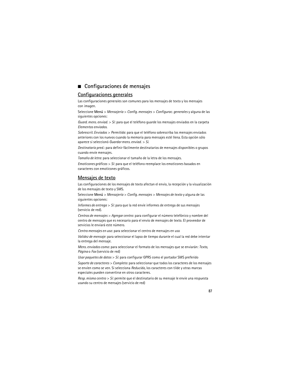 Configuraciones de mensajes, Configuraciones generales, Mensajes de texto | Nokia 5610 XpressMusic User Manual | Page 88 / 121