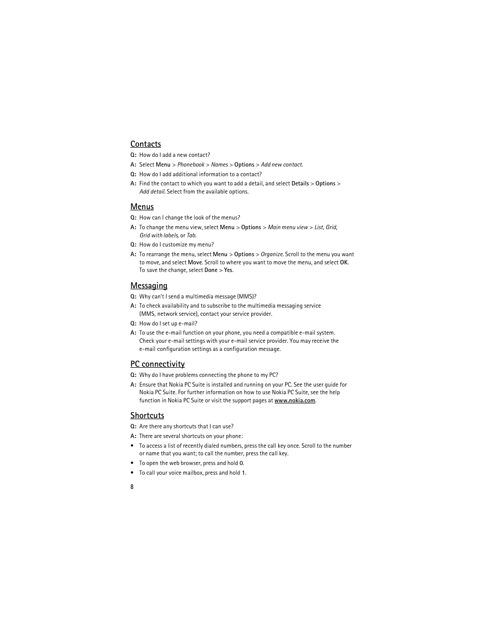 Contacts, Menus, Messaging | Pc connectivity, Shortcuts | Nokia 5610 XpressMusic User Manual | Page 9 / 121