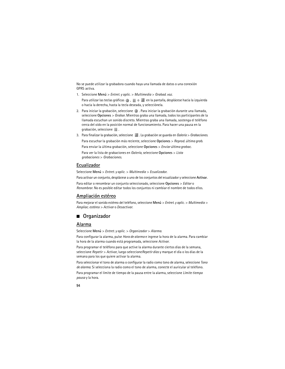 Organizador, Alarma", p, Ecualizador | Ampliación estéreo, Alarma | Nokia 5610 XpressMusic User Manual | Page 95 / 121