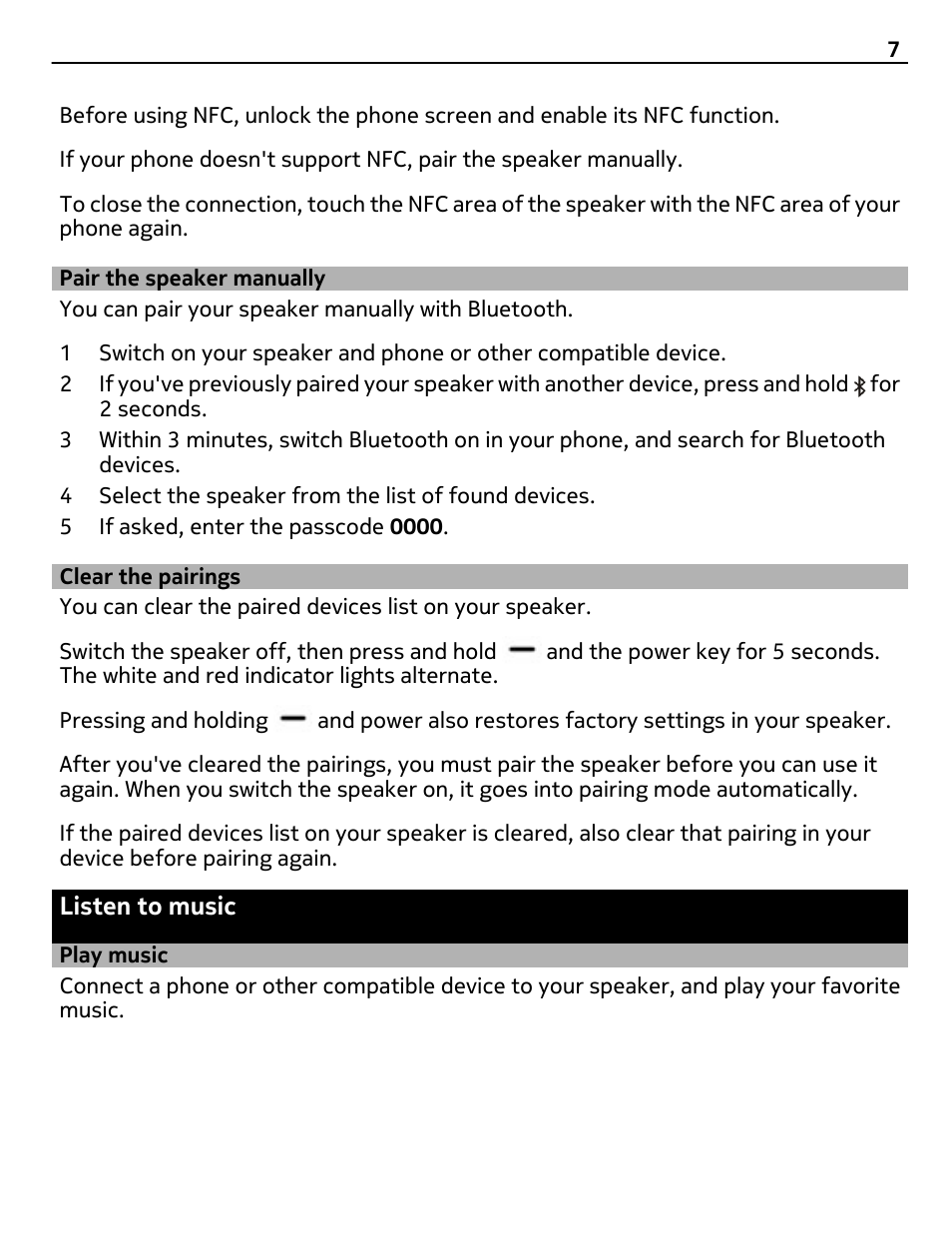 Pair the speaker manually, Clear the pairings, Listen to music | Play music | Nokia MD-51W User Manual | Page 7 / 11