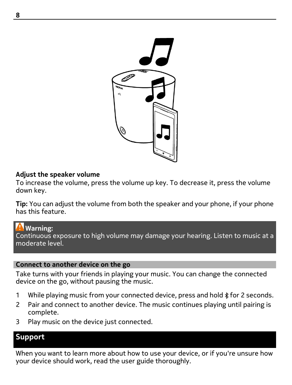 Connect to another device on the go, Support, Connect to another device on the go 8 | Nokia MD-51W User Manual | Page 8 / 11