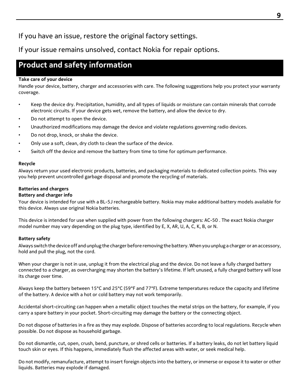 Product and safety information, Take care of your device, Recycle | Batteries and chargers, Battery and charger info, Battery safety | Nokia MD-51W User Manual | Page 9 / 11