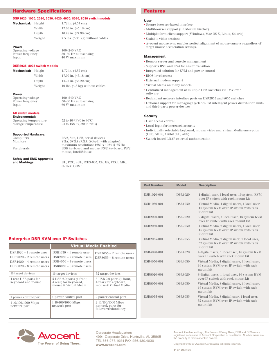Hardware specifications, Features | Avocent DSR KVM over IP Switch User Manual | Page 2 / 2