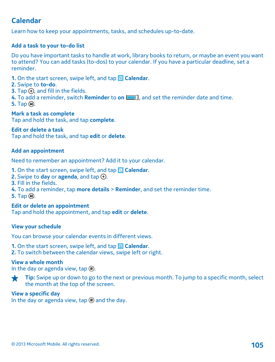 Calendar, Add a task to your to-do list, Add an appointment | View your schedule | Nokia Lumia 925 User Manual | Page 105 / 131