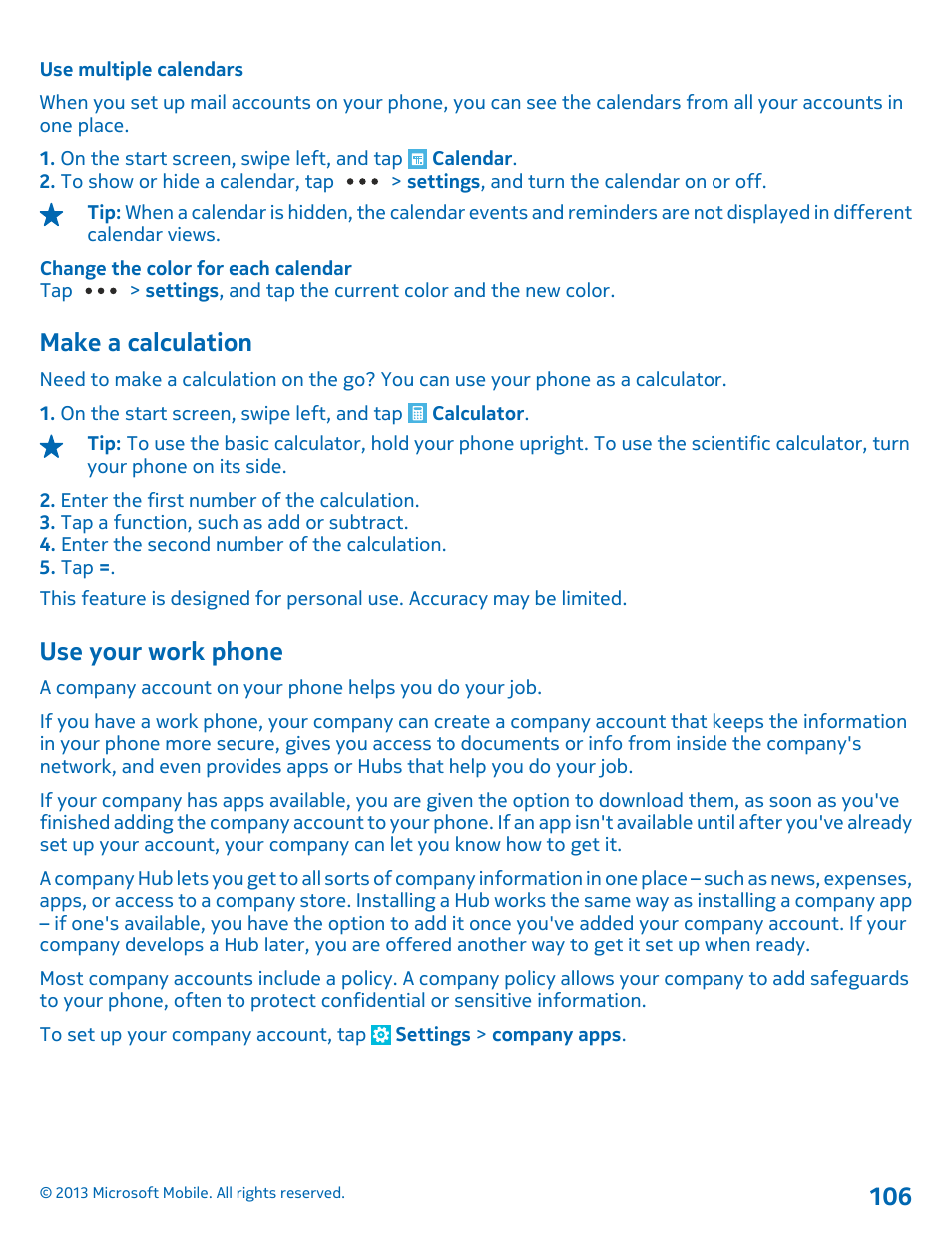 Use multiple calendars, Make a calculation, Use your work phone | Nokia Lumia 925 User Manual | Page 106 / 131