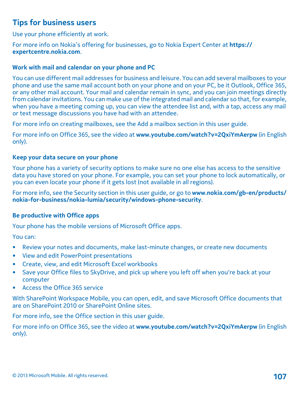 Tips for business users, Work with mail and calendar on your phone and pc, Keep your data secure on your phone | Be productive with office apps | Nokia Lumia 925 User Manual | Page 107 / 131