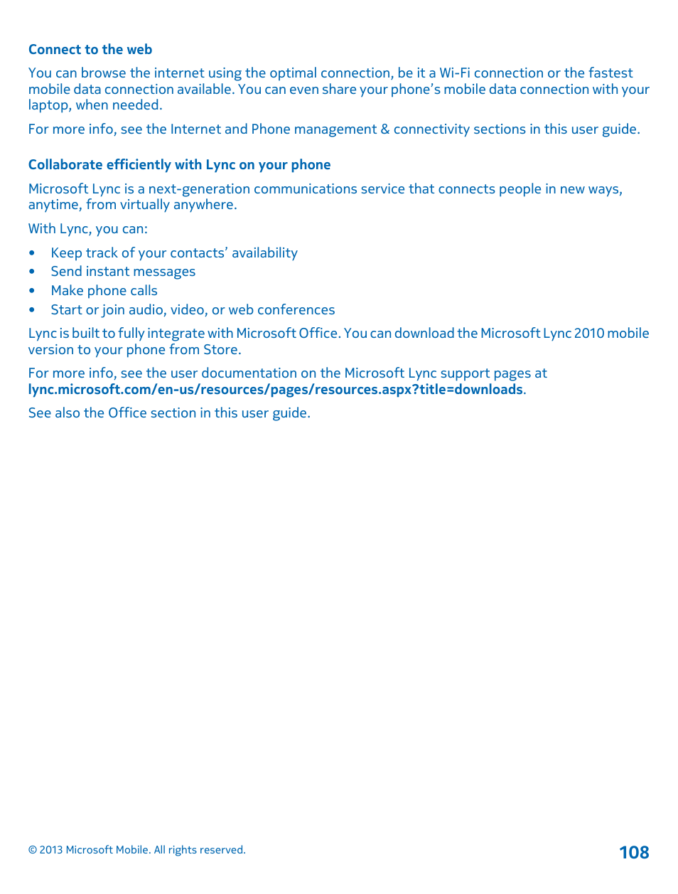 Connect to the web, Collaborate efficiently with lync on your phone | Nokia Lumia 925 User Manual | Page 108 / 131