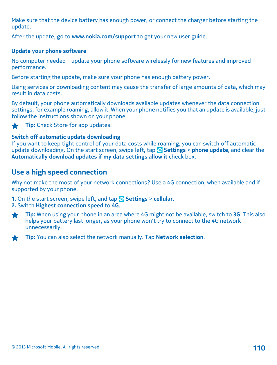 Update your phone software, Use a high speed connection | Nokia Lumia 925 User Manual | Page 110 / 131
