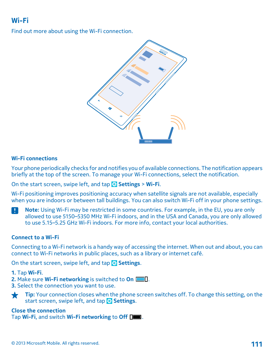 Wi-fi, Wi-fi connections, Connect to a wi-fi | Nokia Lumia 925 User Manual | Page 111 / 131