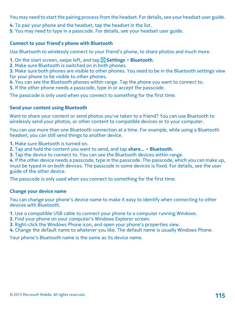 Connect to your friend’s phone with bluetooth, Send your content using bluetooth, Change your device name | Nokia Lumia 925 User Manual | Page 115 / 131