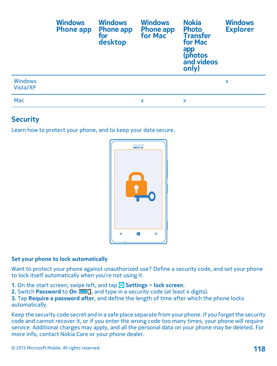 Security, Set your phone to lock automatically | Nokia Lumia 925 User Manual | Page 118 / 131