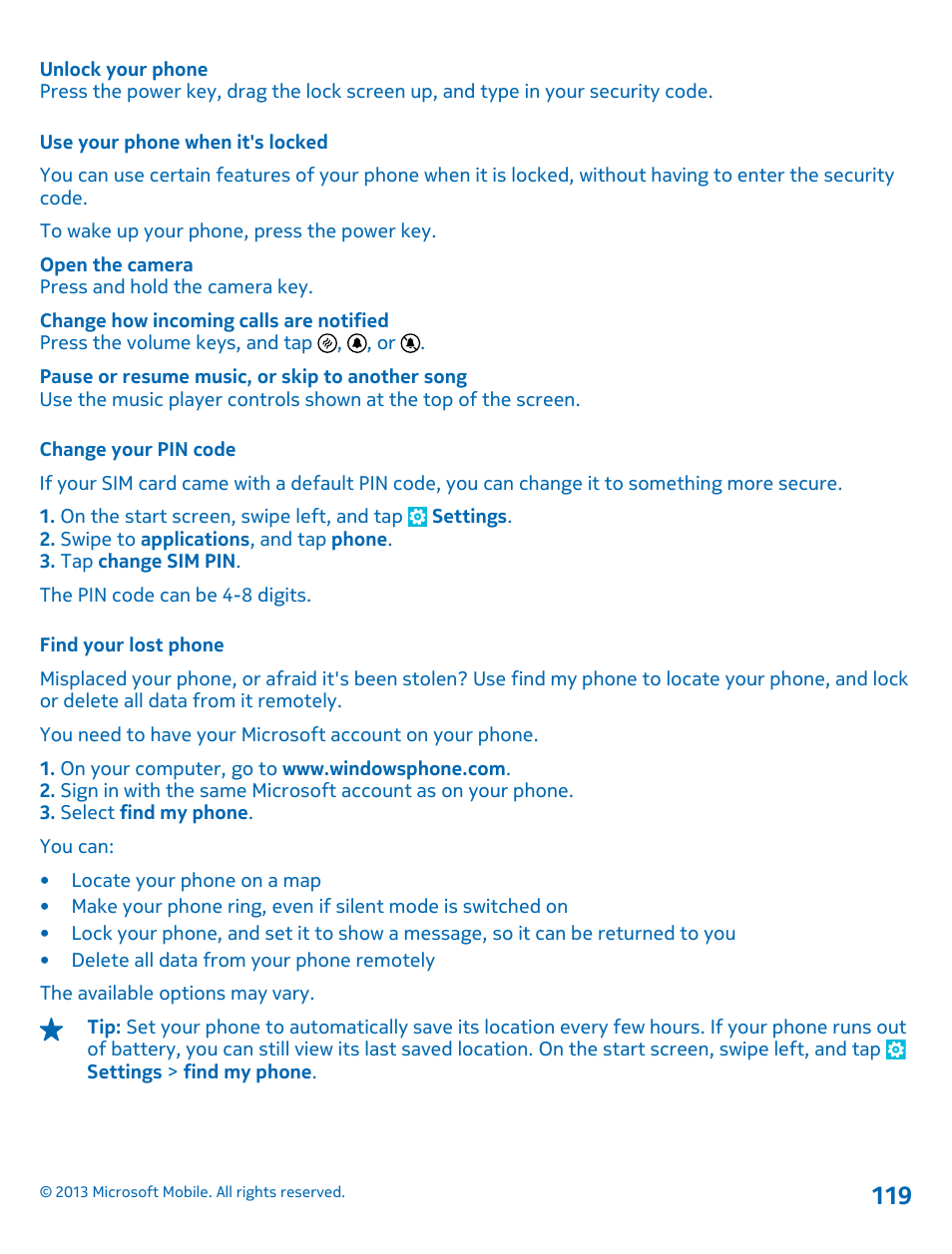 Use your phone when it's locked, Change your pin code, Find your lost phone | Nokia Lumia 925 User Manual | Page 119 / 131