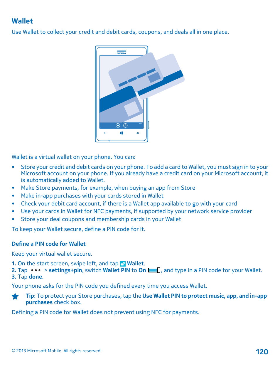 Wallet, Define a pin code for wallet | Nokia Lumia 925 User Manual | Page 120 / 131