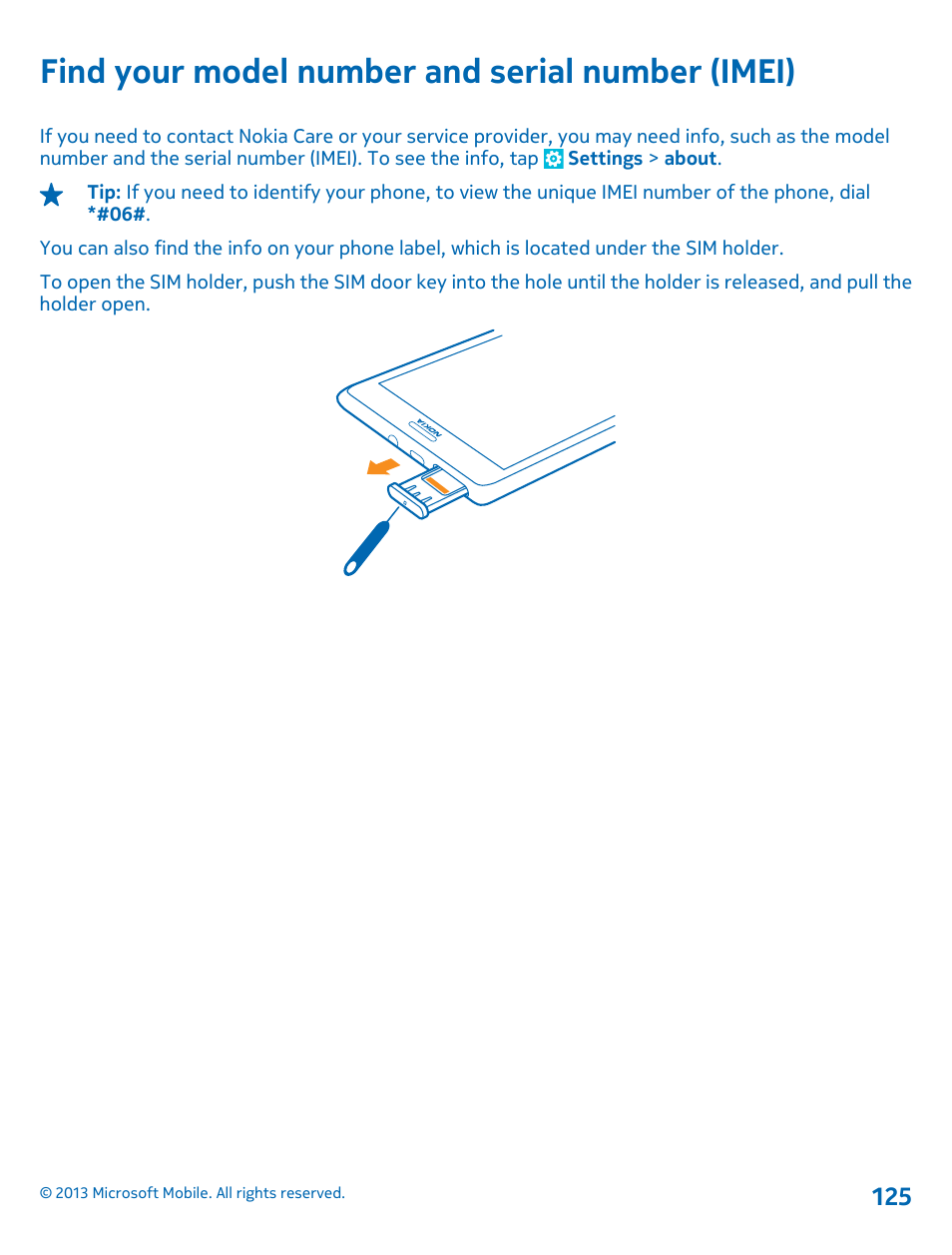 Find your model number and serial number (imei), Find your model number and serial, Number (imei) | Nokia Lumia 925 User Manual | Page 125 / 131