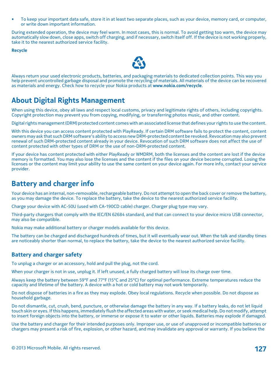 About digital rights management, Battery and charger info, Battery and charger safety | Nokia Lumia 925 User Manual | Page 127 / 131