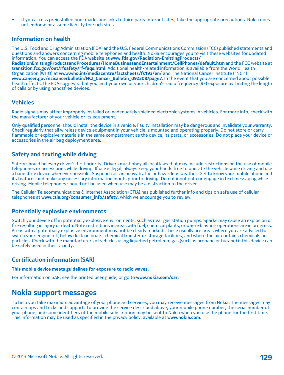 Information on health, Vehicles, Safety and texting while driving | Potentially explosive environments, Certification information (sar), Nokia support messages | Nokia Lumia 925 User Manual | Page 129 / 131