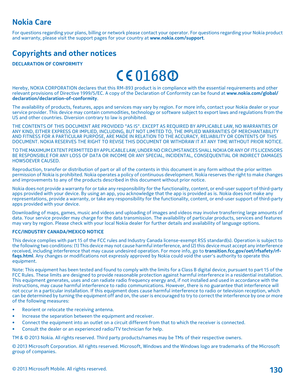 Nokia care, Copyrights and other notices | Nokia Lumia 925 User Manual | Page 130 / 131