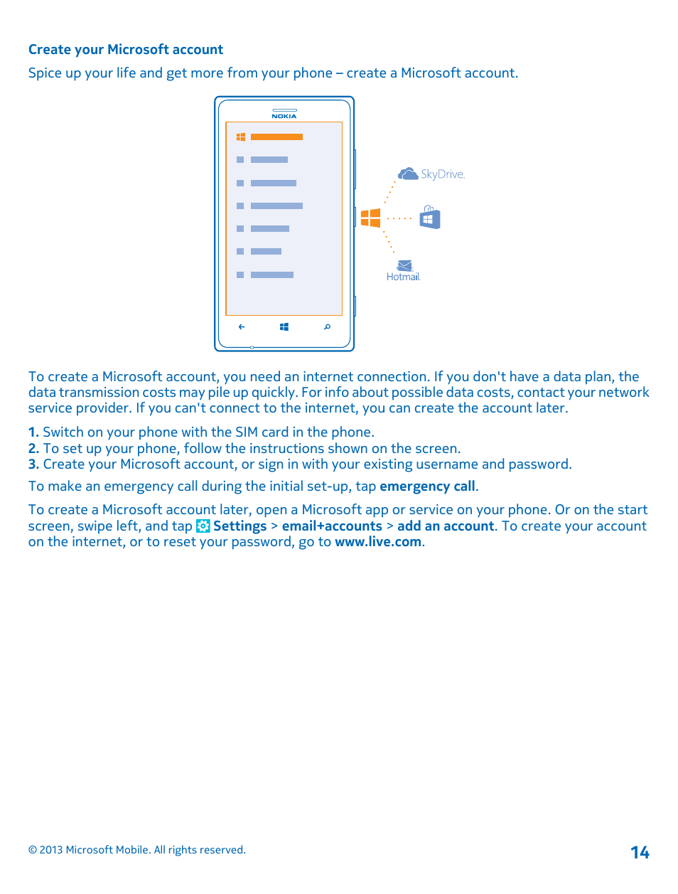 Create your microsoft account | Nokia Lumia 925 User Manual | Page 14 / 131