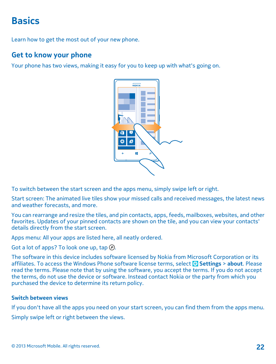 Basics, Get to know your phone, Switch between views | Nokia Lumia 925 User Manual | Page 22 / 131