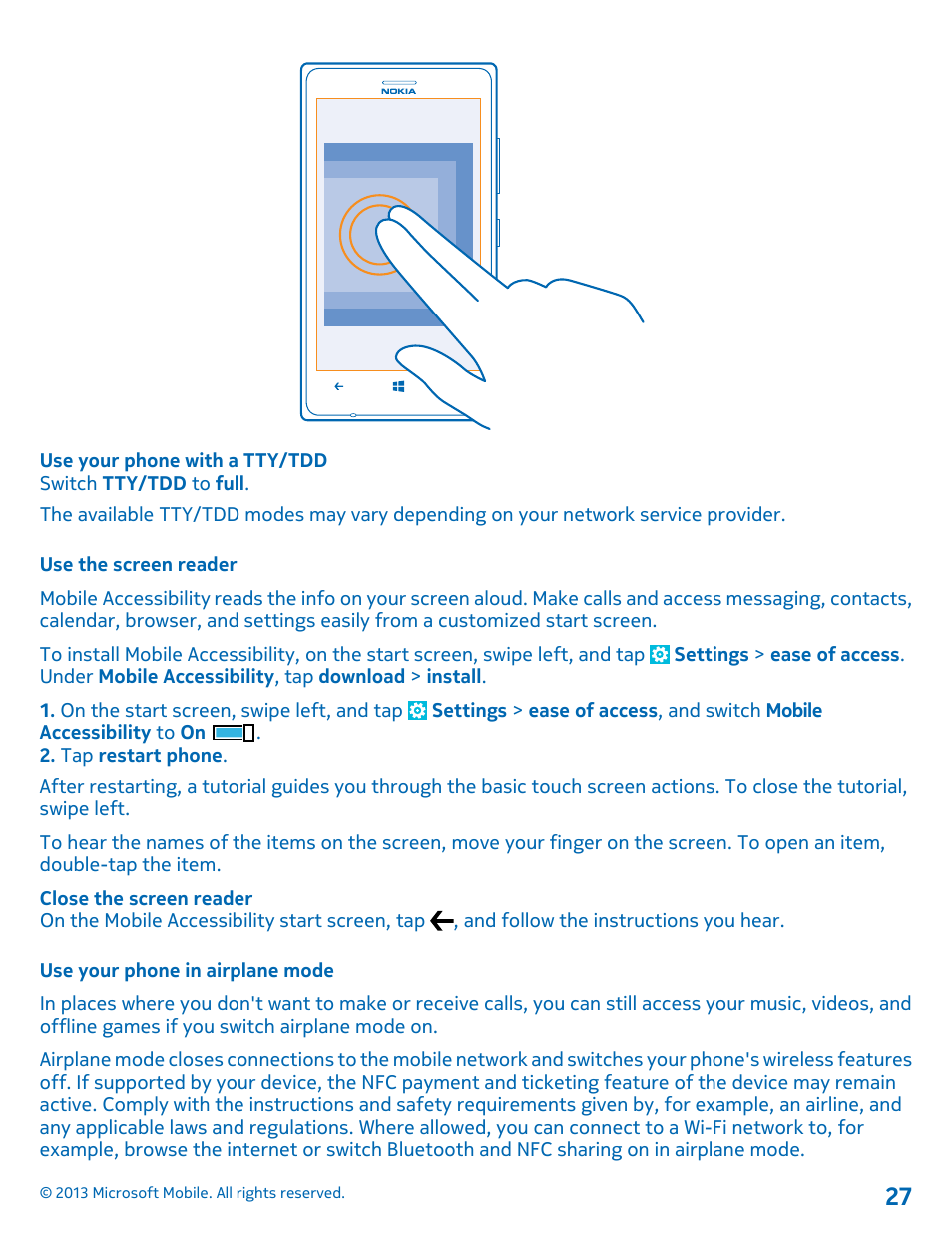 Use the screen reader, Use your phone in airplane mode | Nokia Lumia 925 User Manual | Page 27 / 131