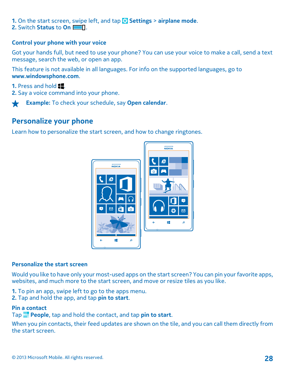 Control your phone with your voice, Personalize your phone, Personalize the start screen | Nokia Lumia 925 User Manual | Page 28 / 131