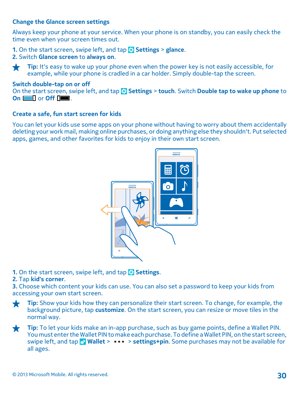 Change the glance screen settings, Create a safe, fun start screen for kids | Nokia Lumia 925 User Manual | Page 30 / 131