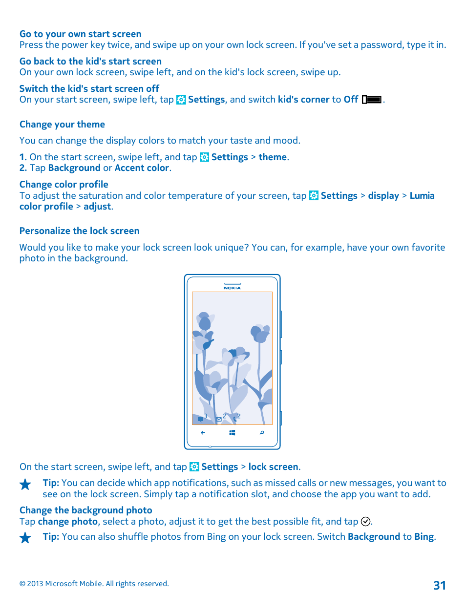 Change your theme, Personalize the lock screen | Nokia Lumia 925 User Manual | Page 31 / 131