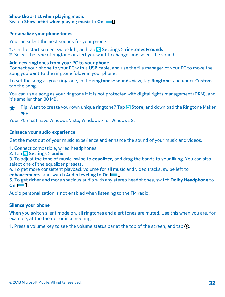 Personalize your phone tones, Enhance your audio experience, Silence your phone | Nokia Lumia 925 User Manual | Page 32 / 131