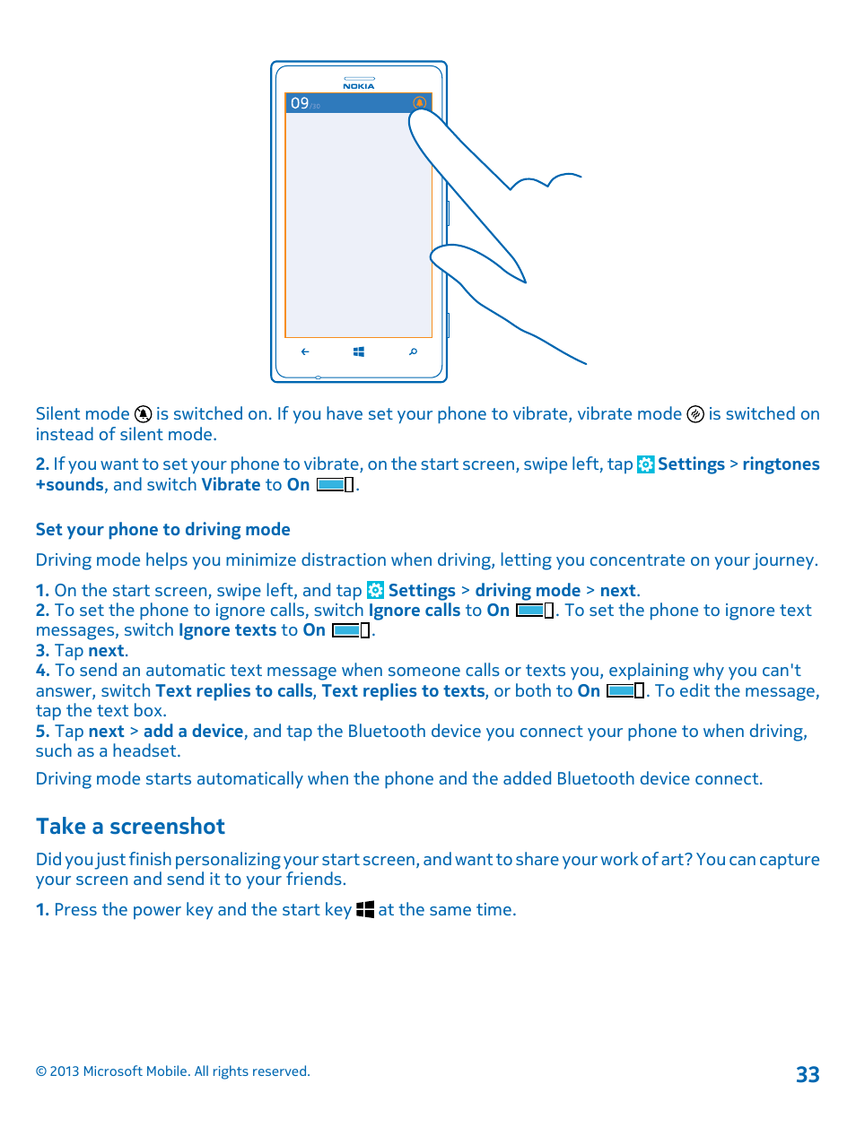 Set your phone to driving mode, Take a screenshot | Nokia Lumia 925 User Manual | Page 33 / 131