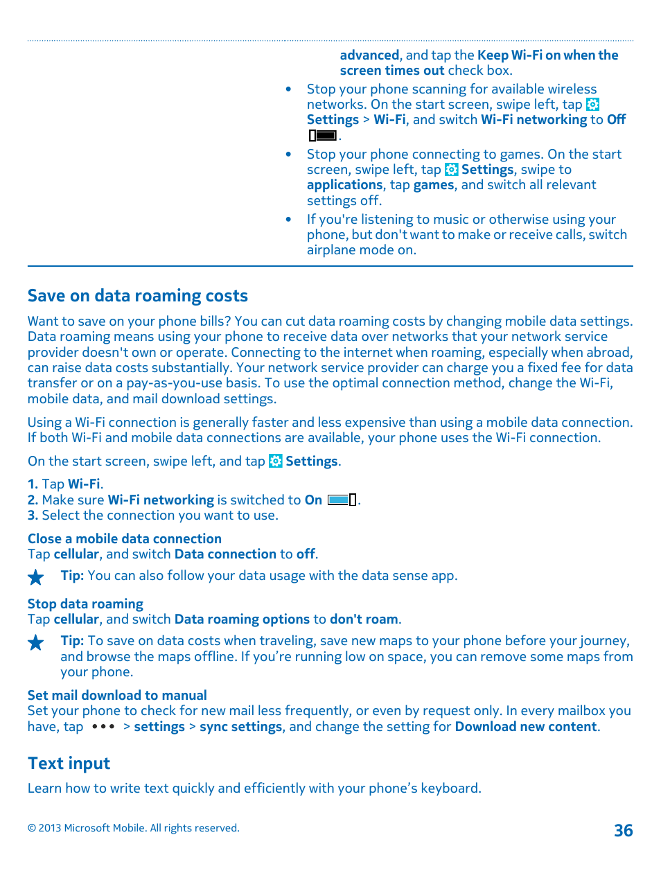 Save on data roaming costs, Text input | Nokia Lumia 925 User Manual | Page 36 / 131