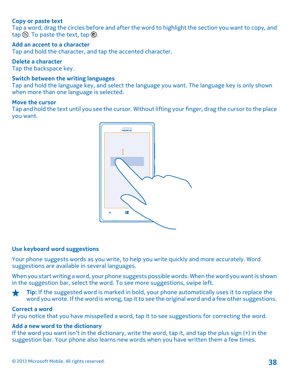 Use keyboard word suggestions | Nokia Lumia 925 User Manual | Page 38 / 131