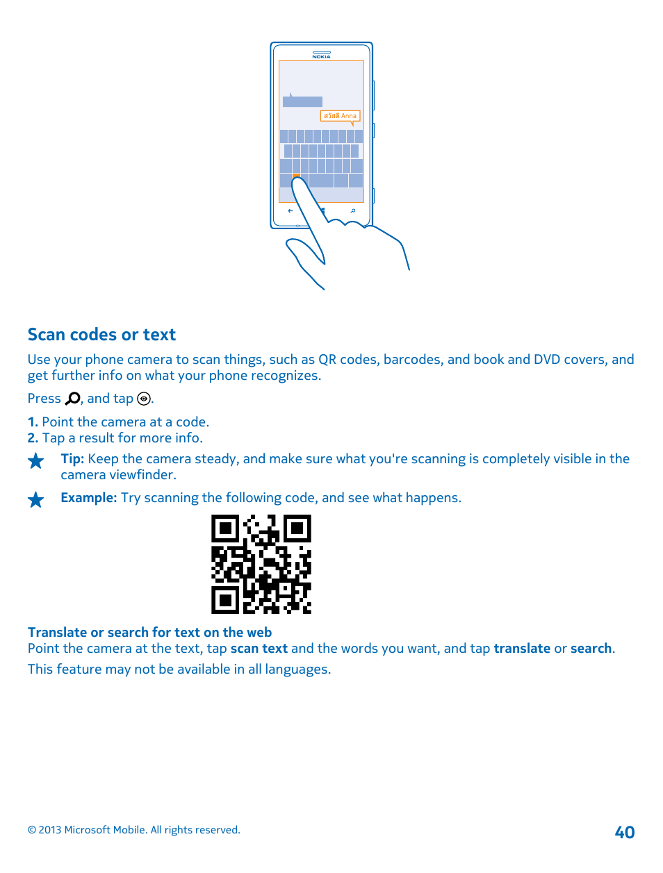 Scan codes or text | Nokia Lumia 925 User Manual | Page 40 / 131