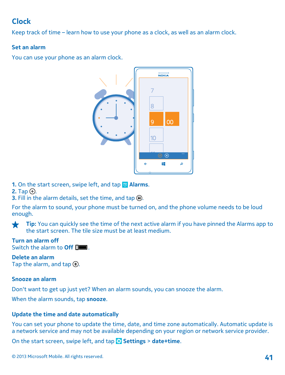 Clock, Set an alarm, Snooze an alarm | Update the time and date automatically | Nokia Lumia 925 User Manual | Page 41 / 131