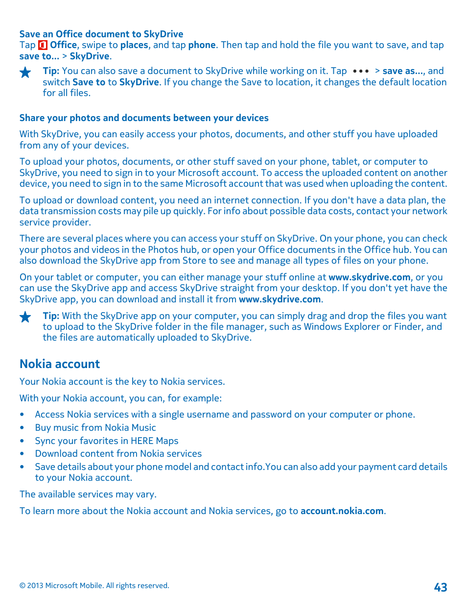 Nokia account | Nokia Lumia 925 User Manual | Page 43 / 131