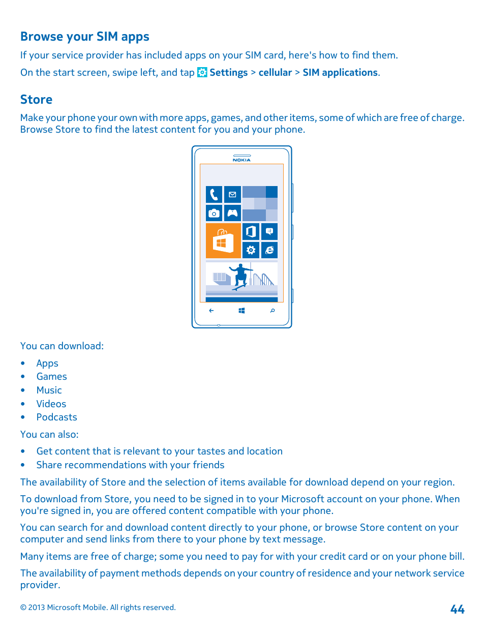 Browse your sim apps, Store | Nokia Lumia 925 User Manual | Page 44 / 131