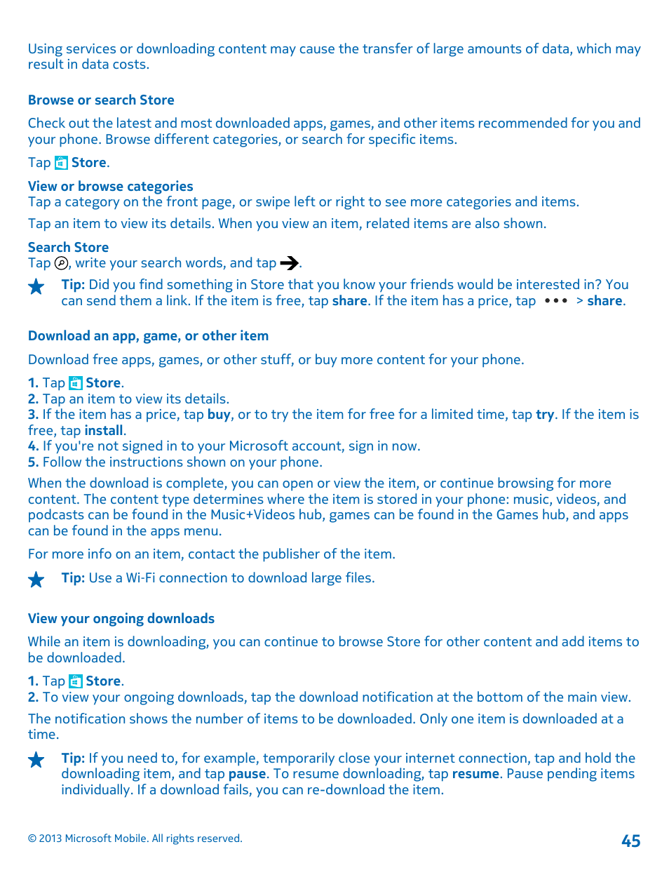 Browse or search store, Download an app, game, or other item, View your ongoing downloads | Nokia Lumia 925 User Manual | Page 45 / 131