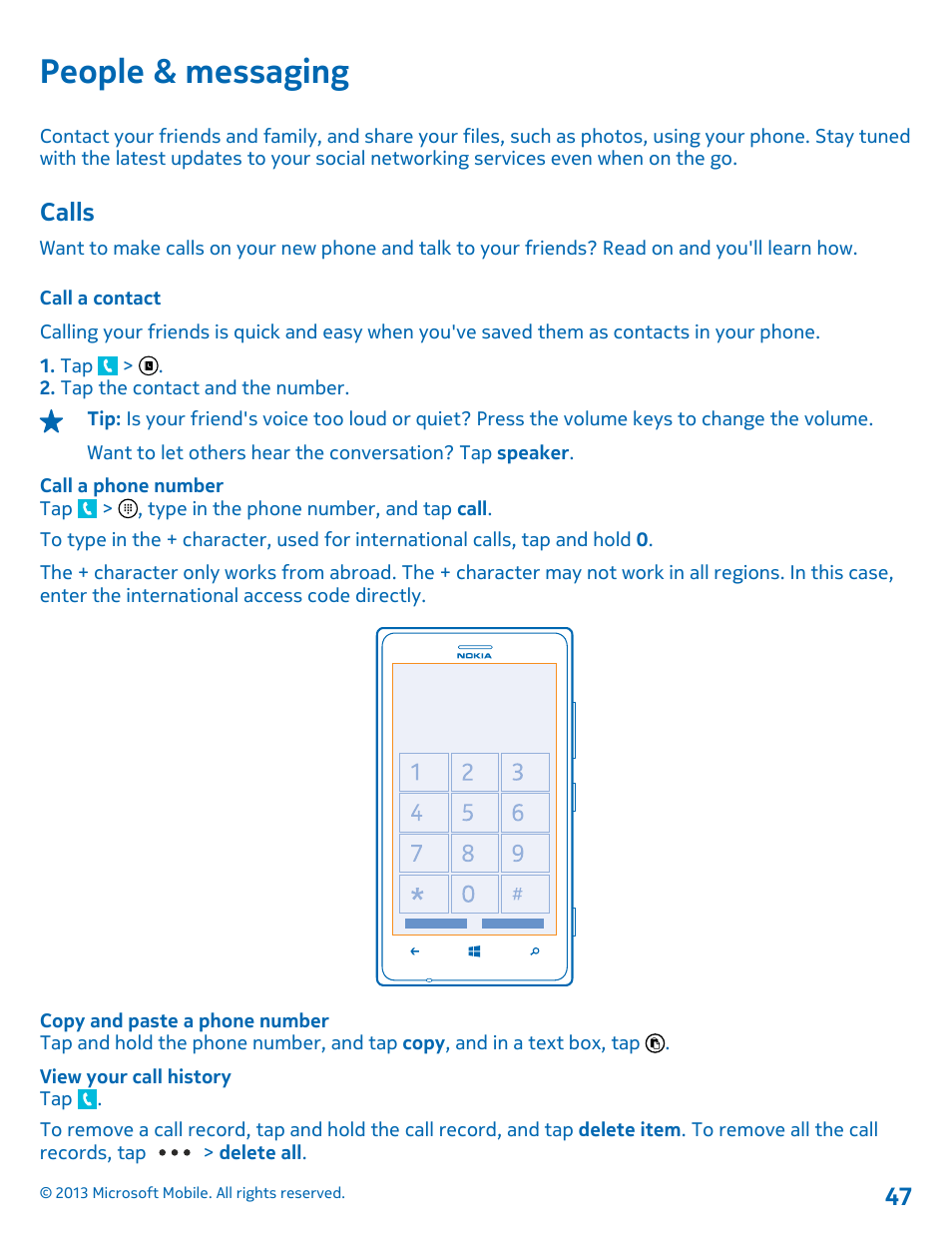 People & messaging, Calls, Call a contact | Nokia Lumia 925 User Manual | Page 47 / 131