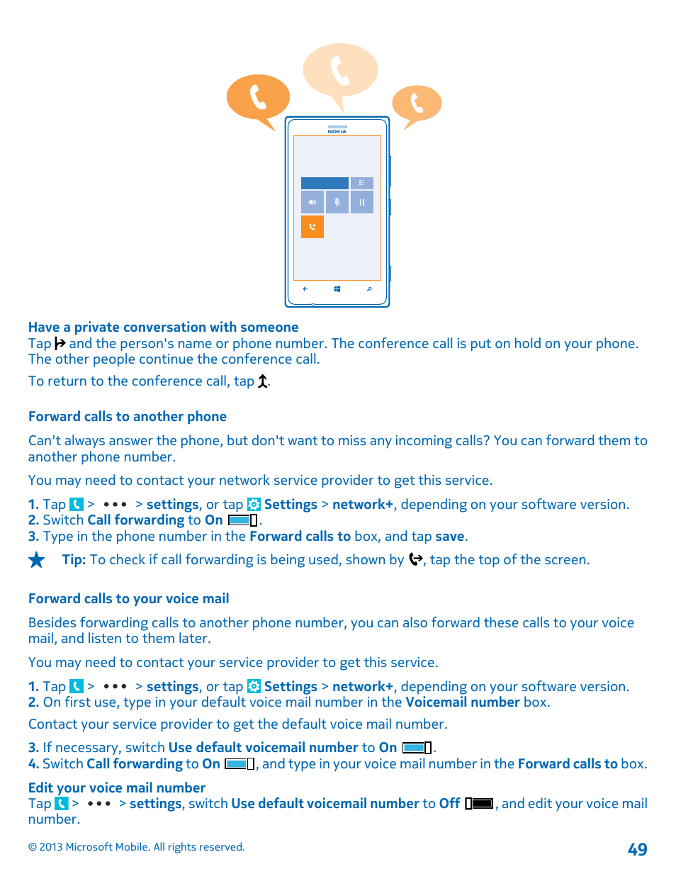 Forward calls to another phone, Forward calls to your voice mail | Nokia Lumia 925 User Manual | Page 49 / 131