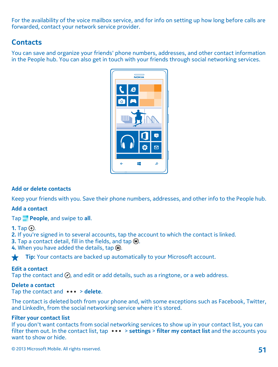 Contacts, Add or delete contacts | Nokia Lumia 925 User Manual | Page 51 / 131