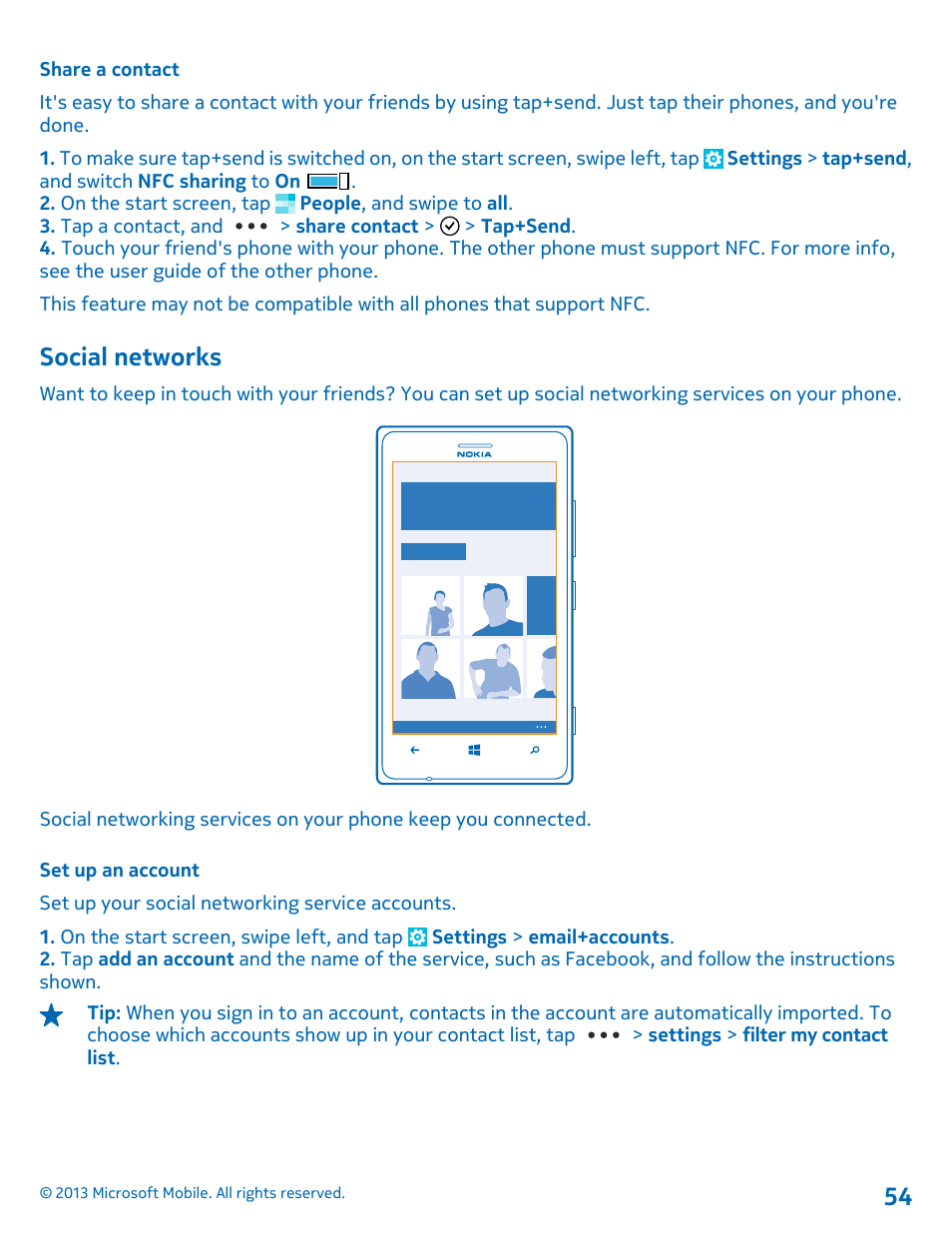 Share a contact, Social networks, Set up an account | Nokia Lumia 925 User Manual | Page 54 / 131