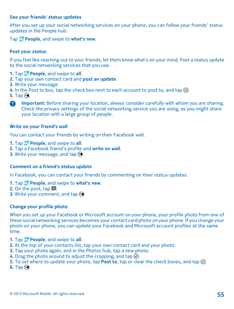 See your friends' status updates, Post your status, Write on your friend's wall | Comment on a friend's status update, Change your profile photo | Nokia Lumia 925 User Manual | Page 55 / 131