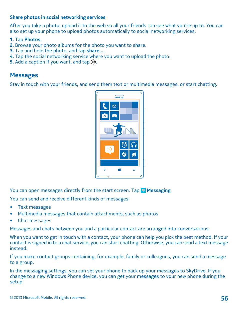 Share photos in social networking services, Messages | Nokia Lumia 925 User Manual | Page 56 / 131