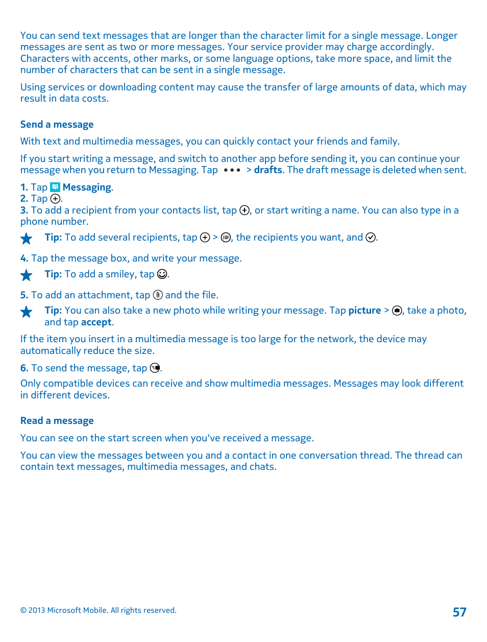 Send a message, Read a message | Nokia Lumia 925 User Manual | Page 57 / 131