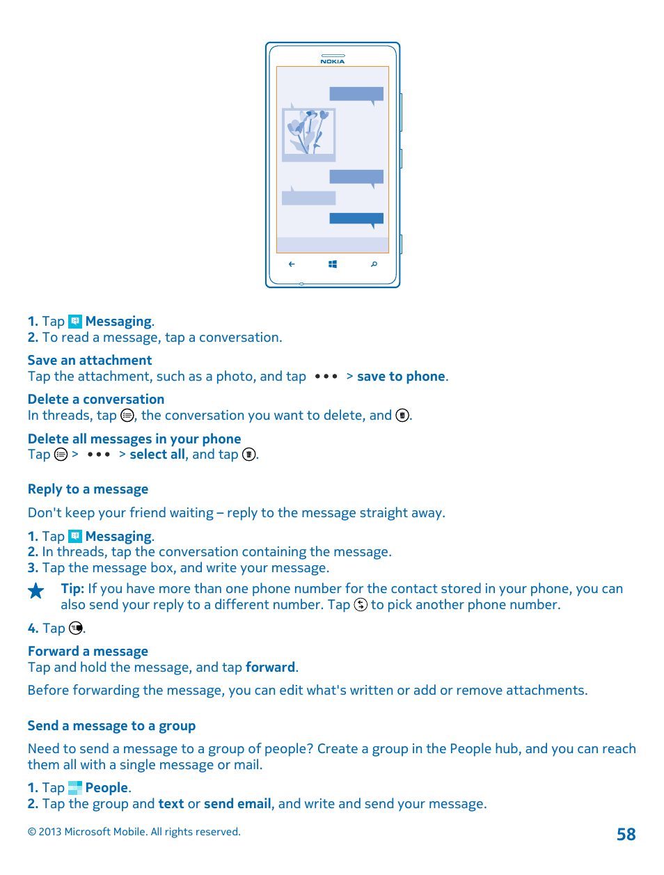 Reply to a message, Send a message to a group | Nokia Lumia 925 User Manual | Page 58 / 131