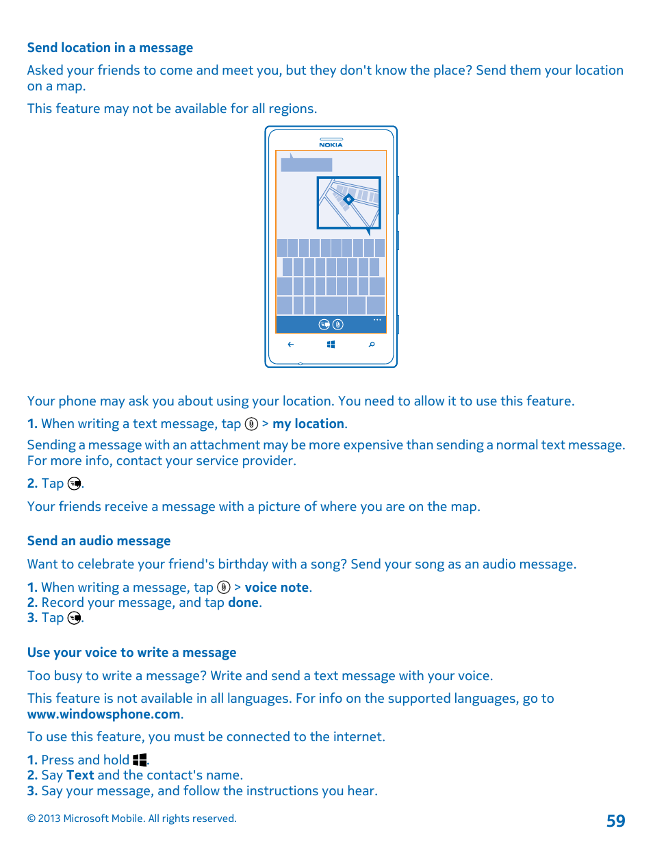 Send location in a message, Send an audio message, Use your voice to write a message | Nokia Lumia 925 User Manual | Page 59 / 131