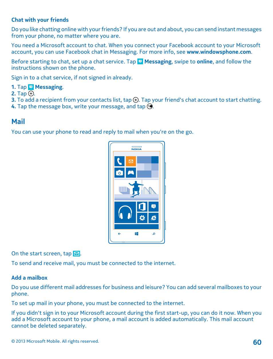 Chat with your friends, Mail, Add a mailbox | Nokia Lumia 925 User Manual | Page 60 / 131