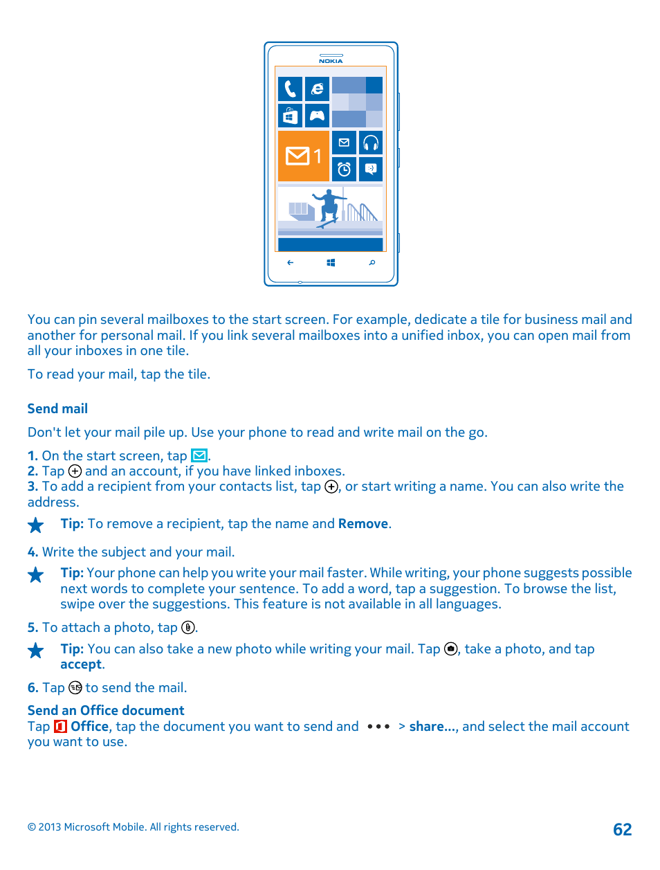 Send mail | Nokia Lumia 925 User Manual | Page 62 / 131
