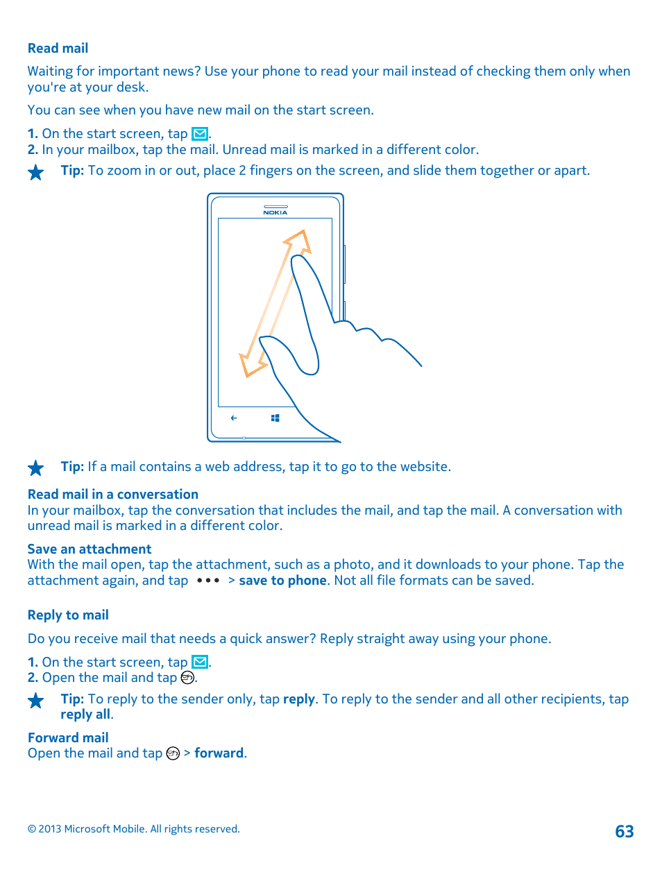 Read mail, Reply to mail | Nokia Lumia 925 User Manual | Page 63 / 131