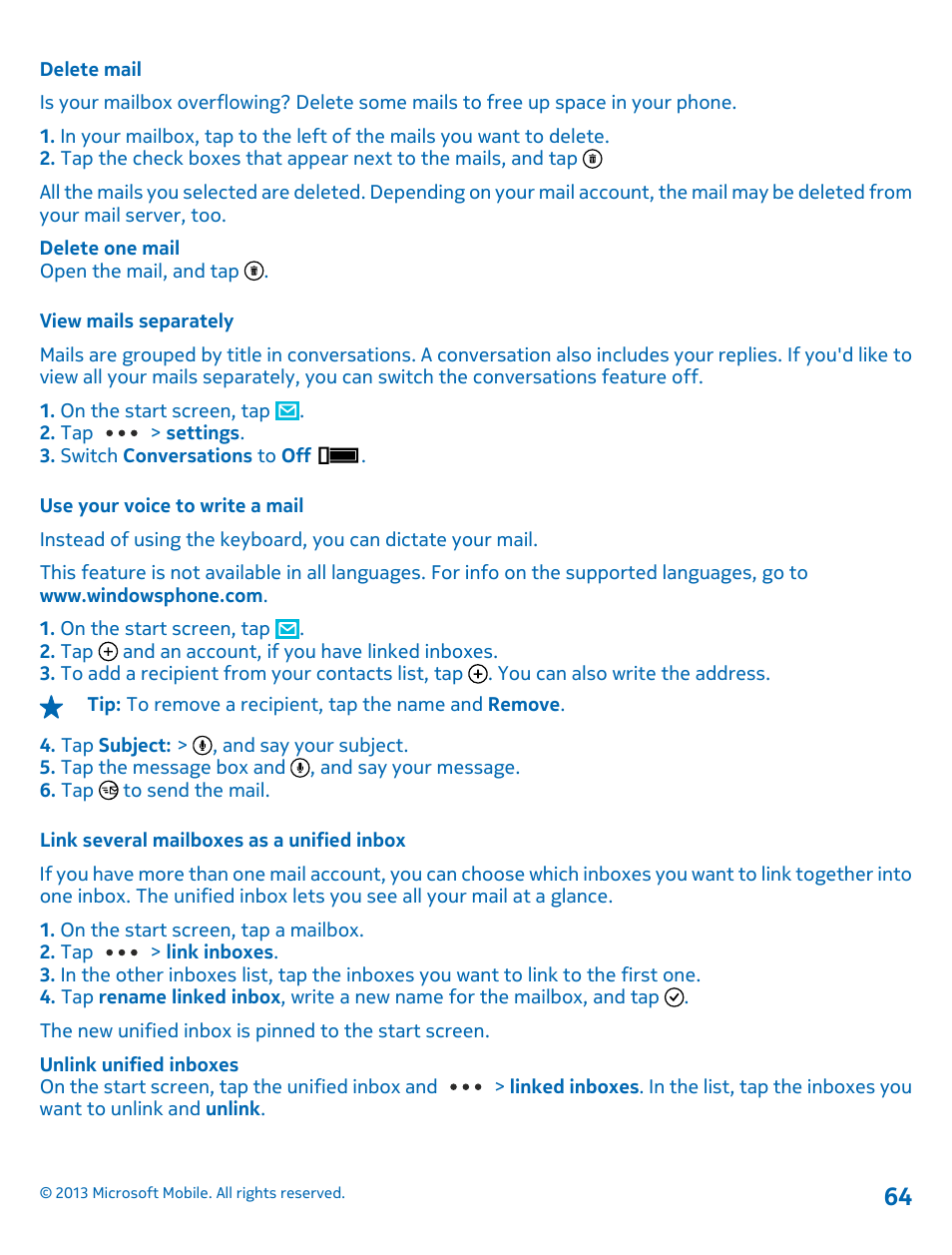 Delete mail, View mails separately, Use your voice to write a mail | Link several mailboxes as a unified inbox | Nokia Lumia 925 User Manual | Page 64 / 131